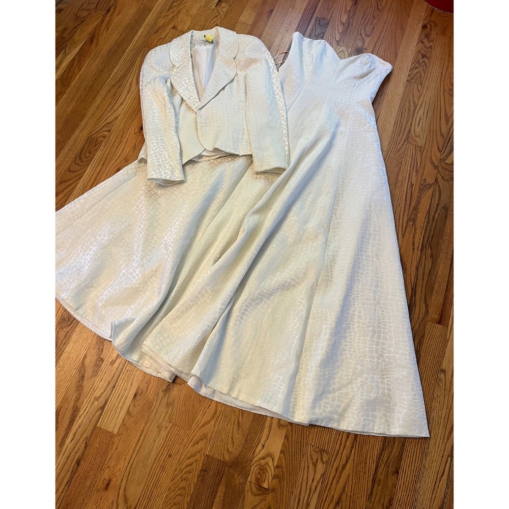 Vtg 80s Victor Costa Brocade Dress Set White Jacquard Strapless Gown & Jacket S